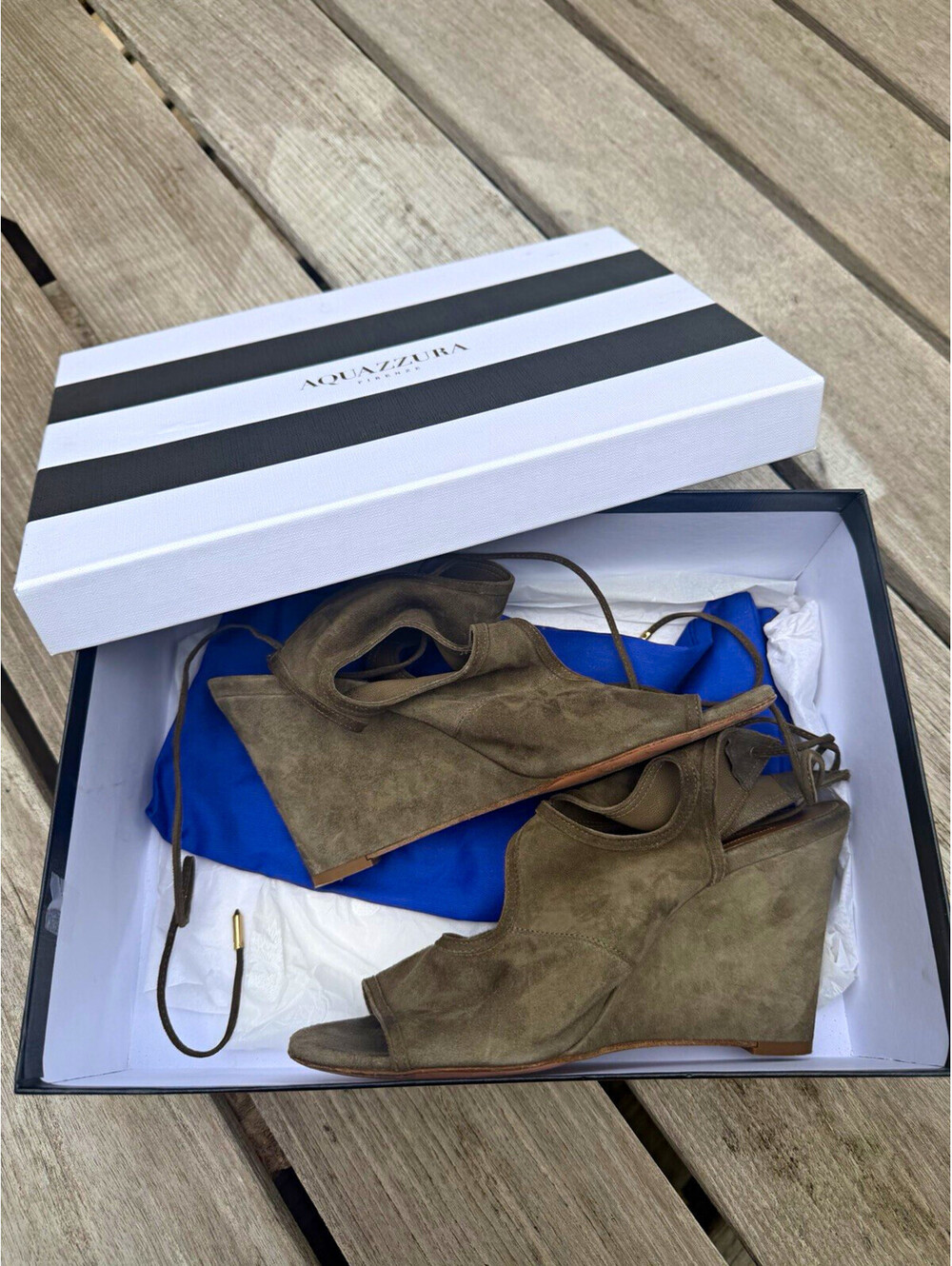 Aquazzura Truffle Suede Lace-Up 3.5” Wedge Sandals Open Toe Ankle Strap US 8.5